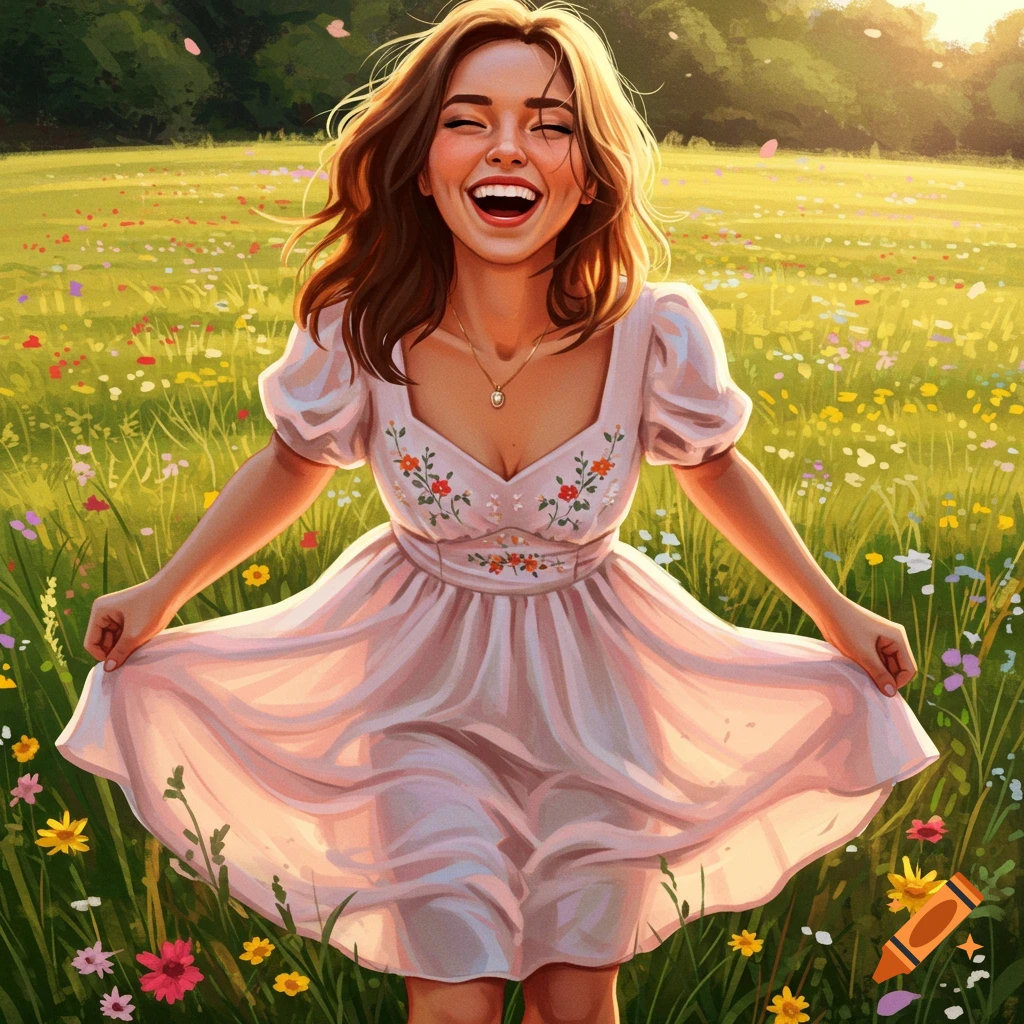 A happy woman in a pink floral dress laughing in a sunny field of wildflowers, rendered as a vibrant illustration.