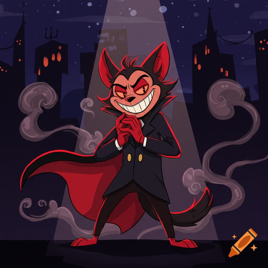 A cartoon bat-like creature dressed in a black suit and red-lined cape with a sly, wide grin, standing in a spotlight against a dark city night.