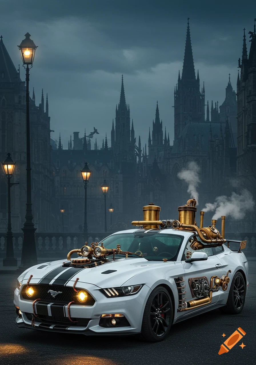 A white 2015 Ford Mustang customized in steampunk style, with brass pipes and gears, parked in front of dark gothic buildings under a cloudy sky.