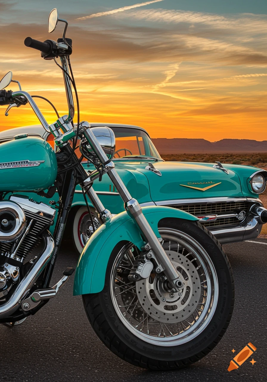Close-up of a turquoise Harley-Davidson motorcycle parked in front of a turquoise 1957 Chevrolet car at sunset on a road.