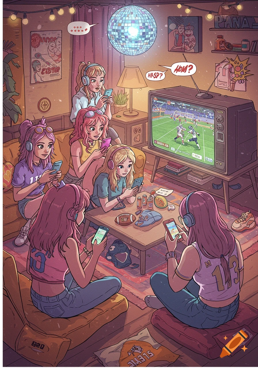A cartoon of six cool girls hanging out in a cozy room with a disco ball, playing games on their phones, with a football game on a retro TV in the background.