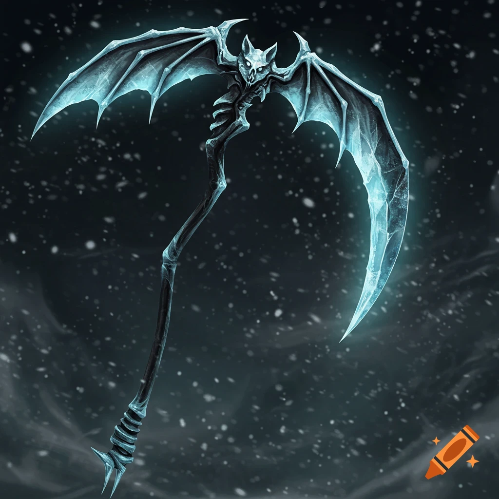 A detailed illustration of an ice-inspired vampire scythe with bat wings and icy blades, against a dark, snowy background.