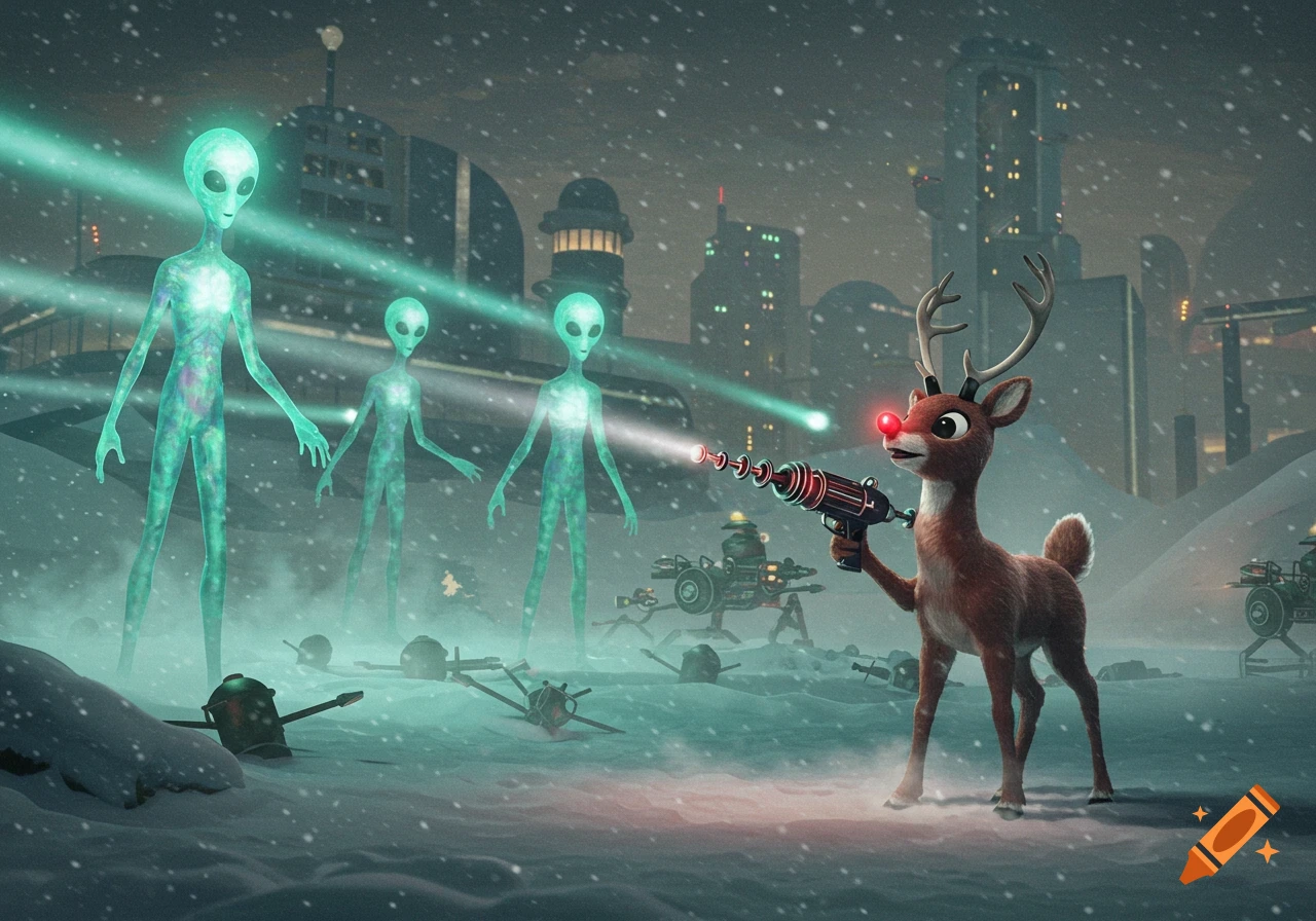 Rudolph the Red-Nosed Reindeer holds a ray gun, firing at glowing aliens in a snowy, futuristic city at night.