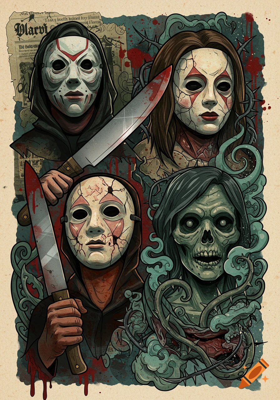 A horror-themed tattoo flash sheet featuring four stylized characters: two masked figures holding bloody knives, a cracked-face mask figure, and a decaying zombie skull.