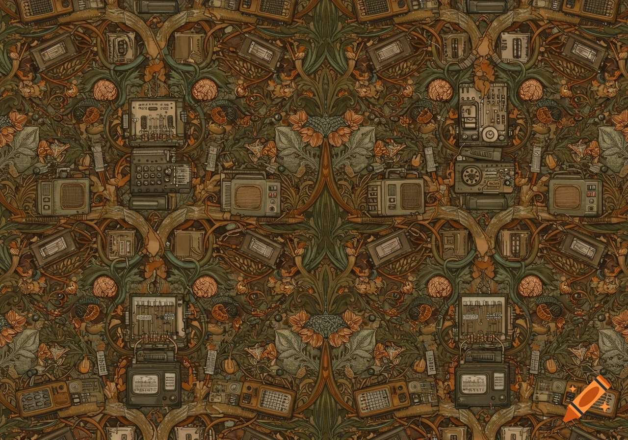 Intricate William Morris style pattern of vintage electronics, wires, and organic foliage in muted browns, greens, and oranges.