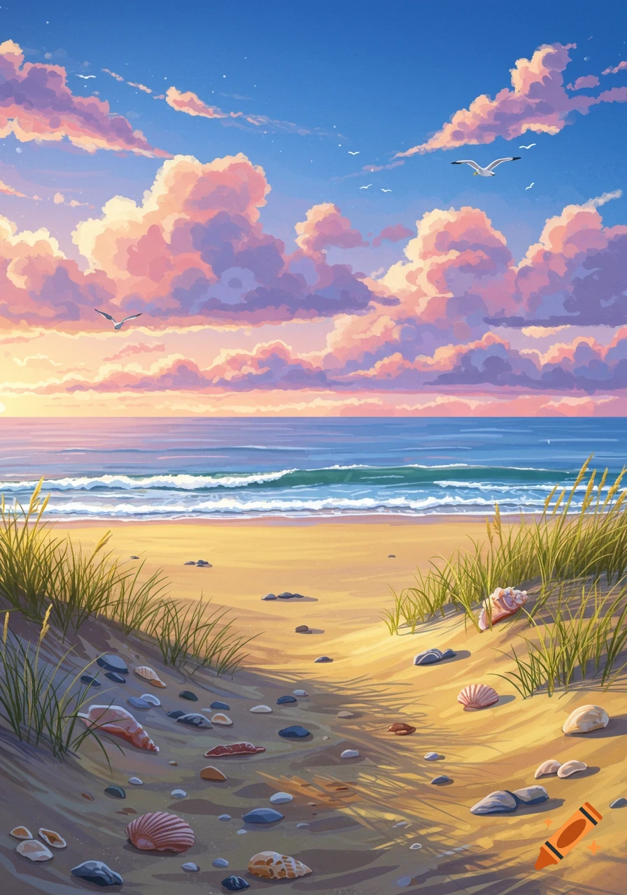 A vibrant, painterly sunset over a sandy beach path leading to the ocean, with colorful clouds, gulls, and seashells.