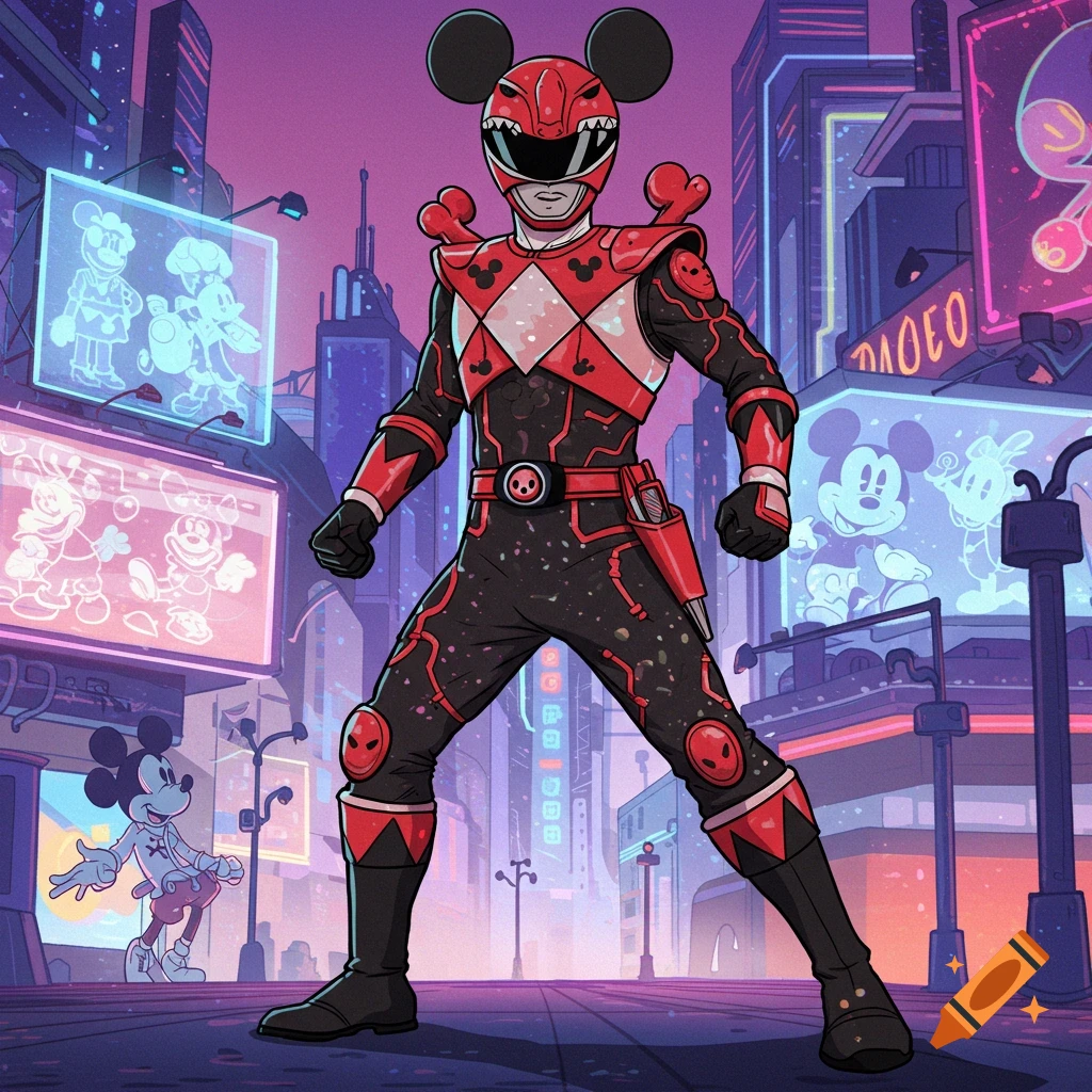 Red Power Ranger with Mickey Mouse ears in a neon cyberpunk city with Disney holograms.