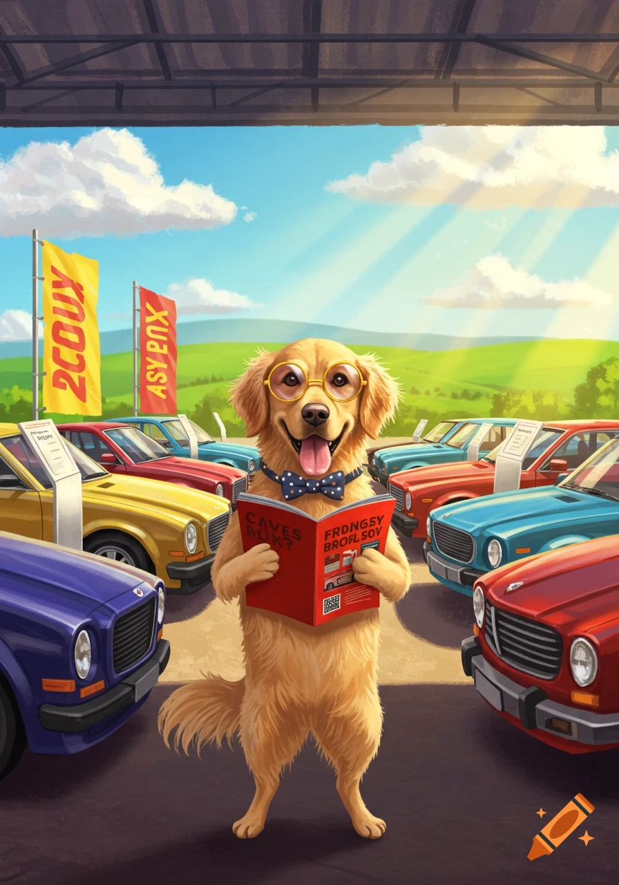 A happy golden retriever dog wearing glasses and a bow tie reads a book while standing in a colorful car lot on a sunny day, illustration.