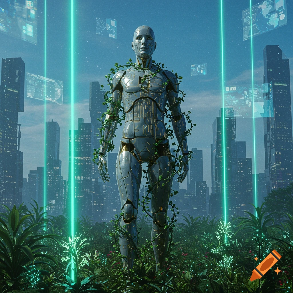 A metallic robot covered in green vines stands in a lush garden with glowing plants, futuristic city buildings, and digital screens under a blue sky.