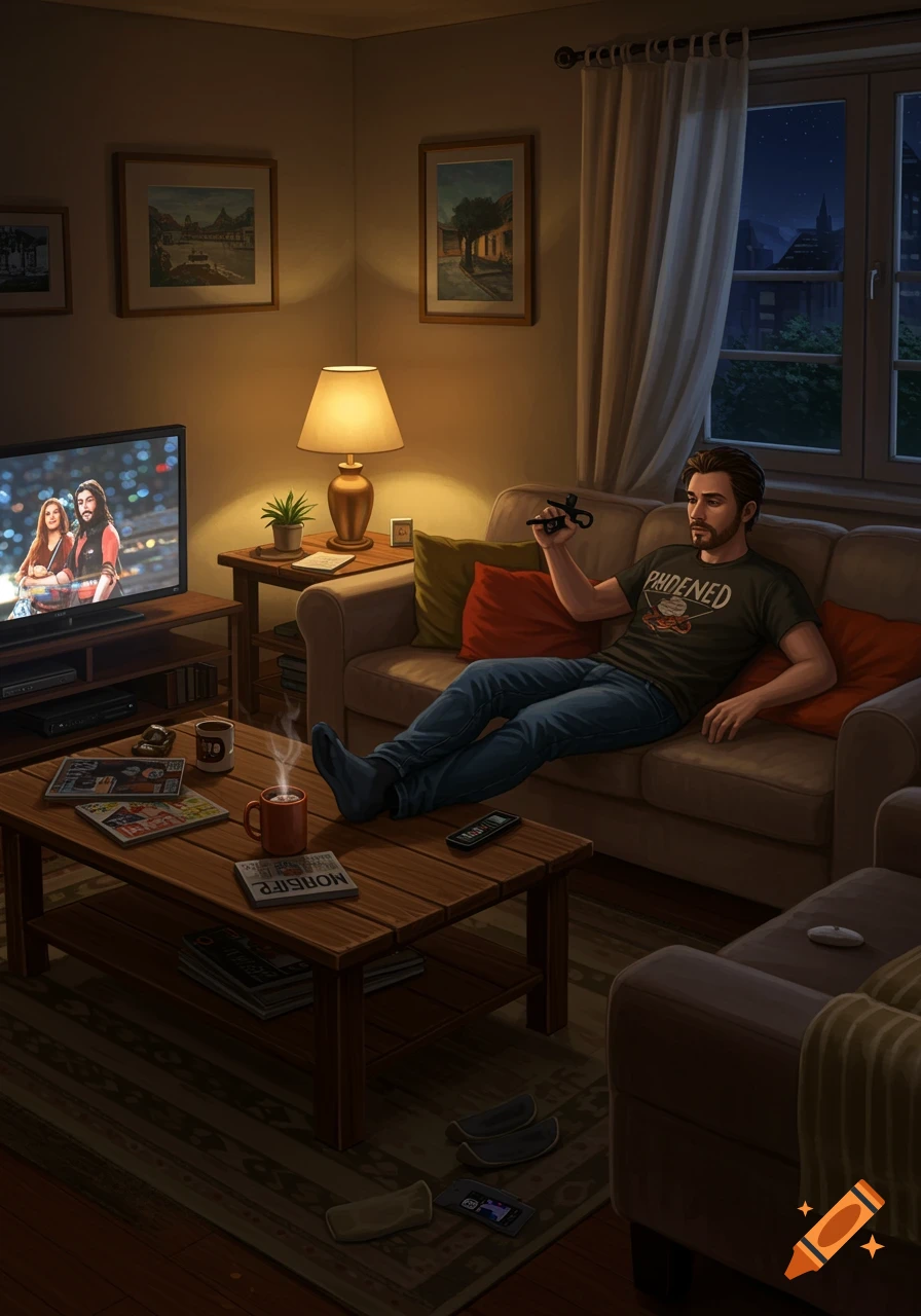 An illustration of a man relaxing on a couch, watching TV in a dimly lit, cozy living room at night.