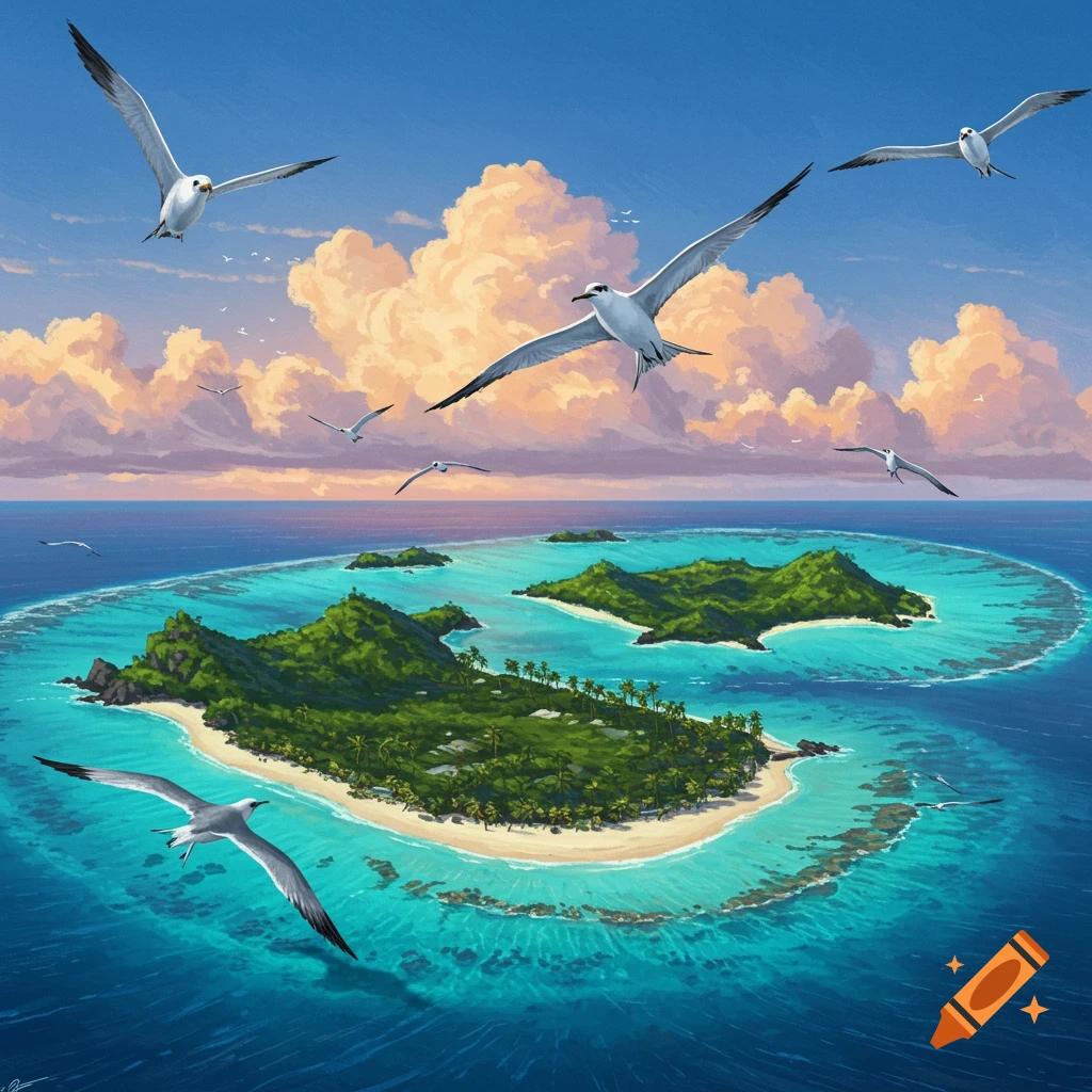 Vibrant tropical island archipelago with turquoise water, white sand beaches, and seabirds flying under a blue sky with fluffy clouds.