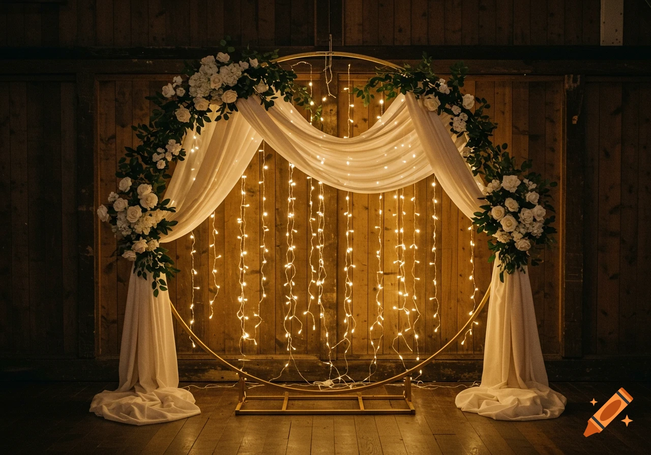 Gold circular wedding arch decorated with white flowers, green foliage, white drapes, and warm string lights.