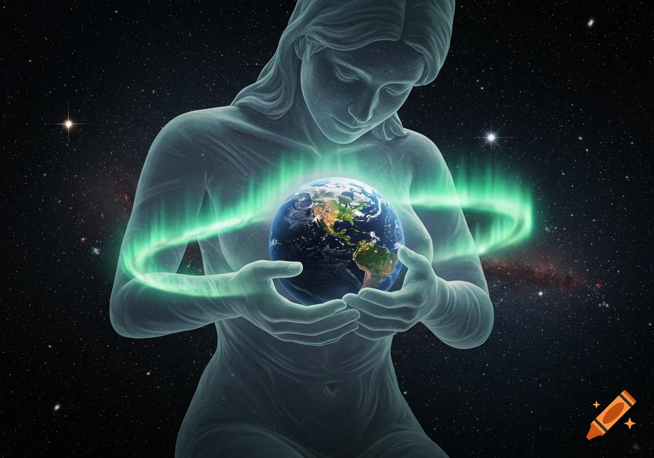 Ethereal, translucent female figure holding the Earth with a green aurora in a starry space. Conceptual art.