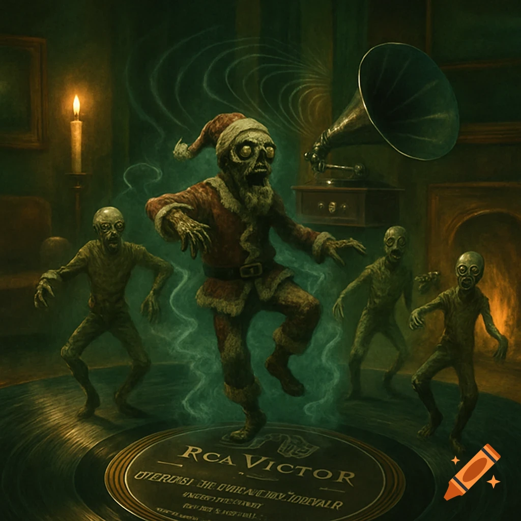 A zombie Santa dances on a large vinyl record, surrounded by other zombies, in a dark, candlelit room with an old gramophone.