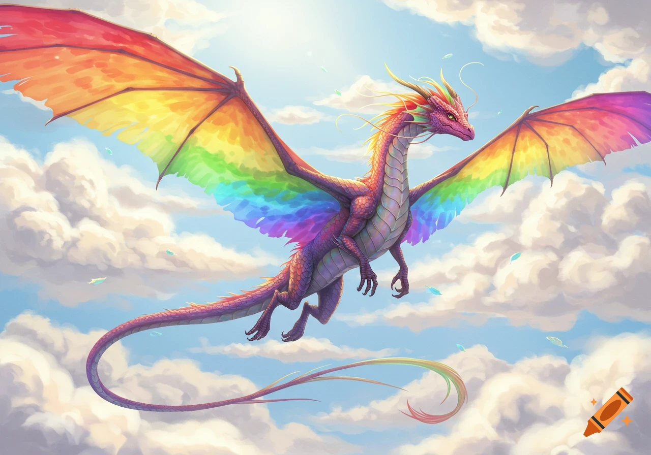 A vibrant rainbow dragon with colorful wings flying through a bright blue sky with fluffy clouds.