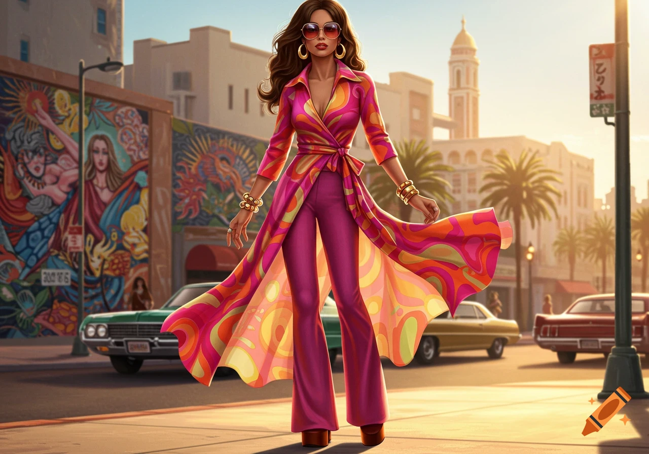A confident woman in a vibrant, flowing 70s-style wrap dress and flared pants, with oversized sunglasses and chunky jewelry, stands on a street with murals and classic cars in the background.