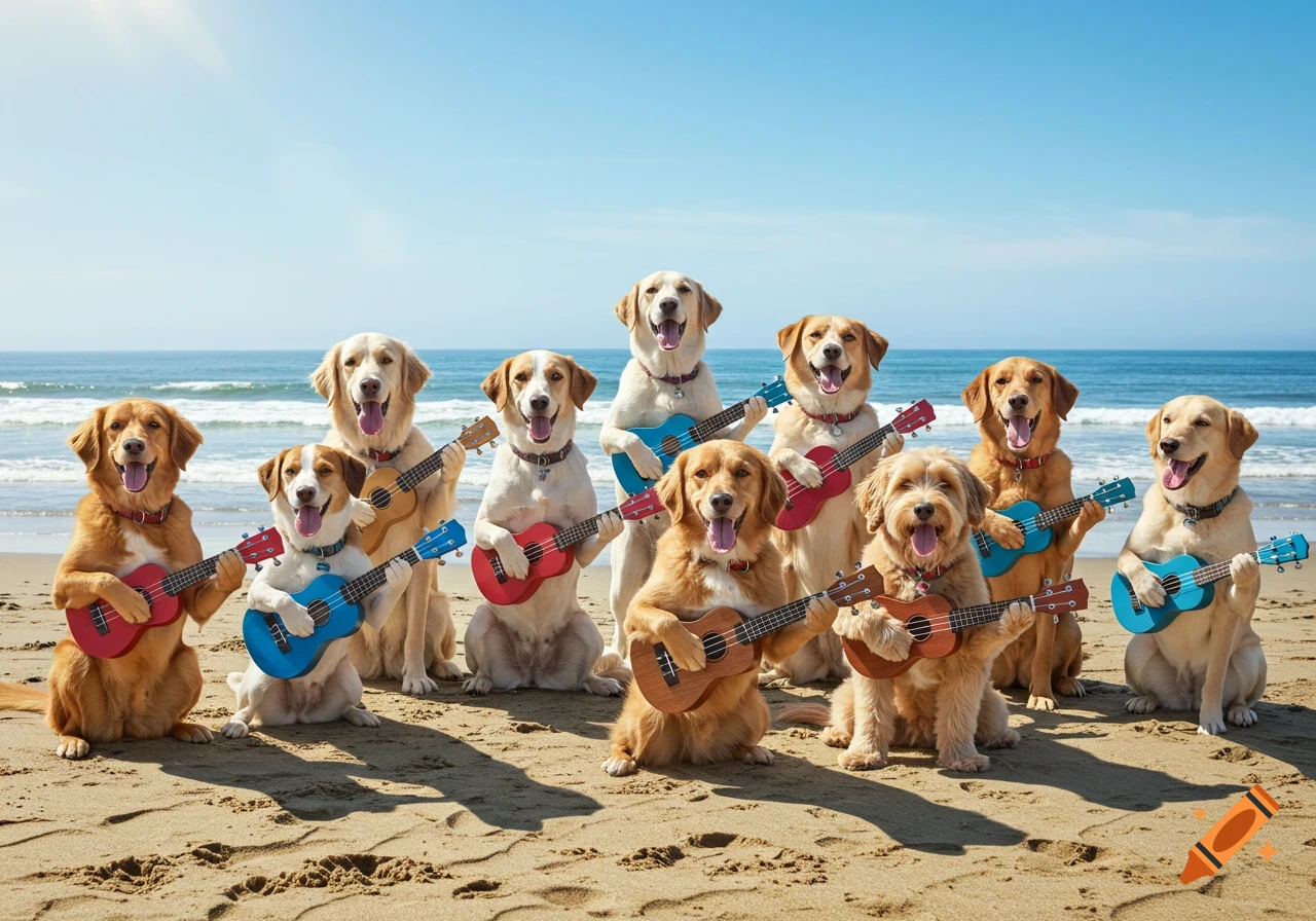 A group of eight happy dogs playing ukuleles on a sunny beach.