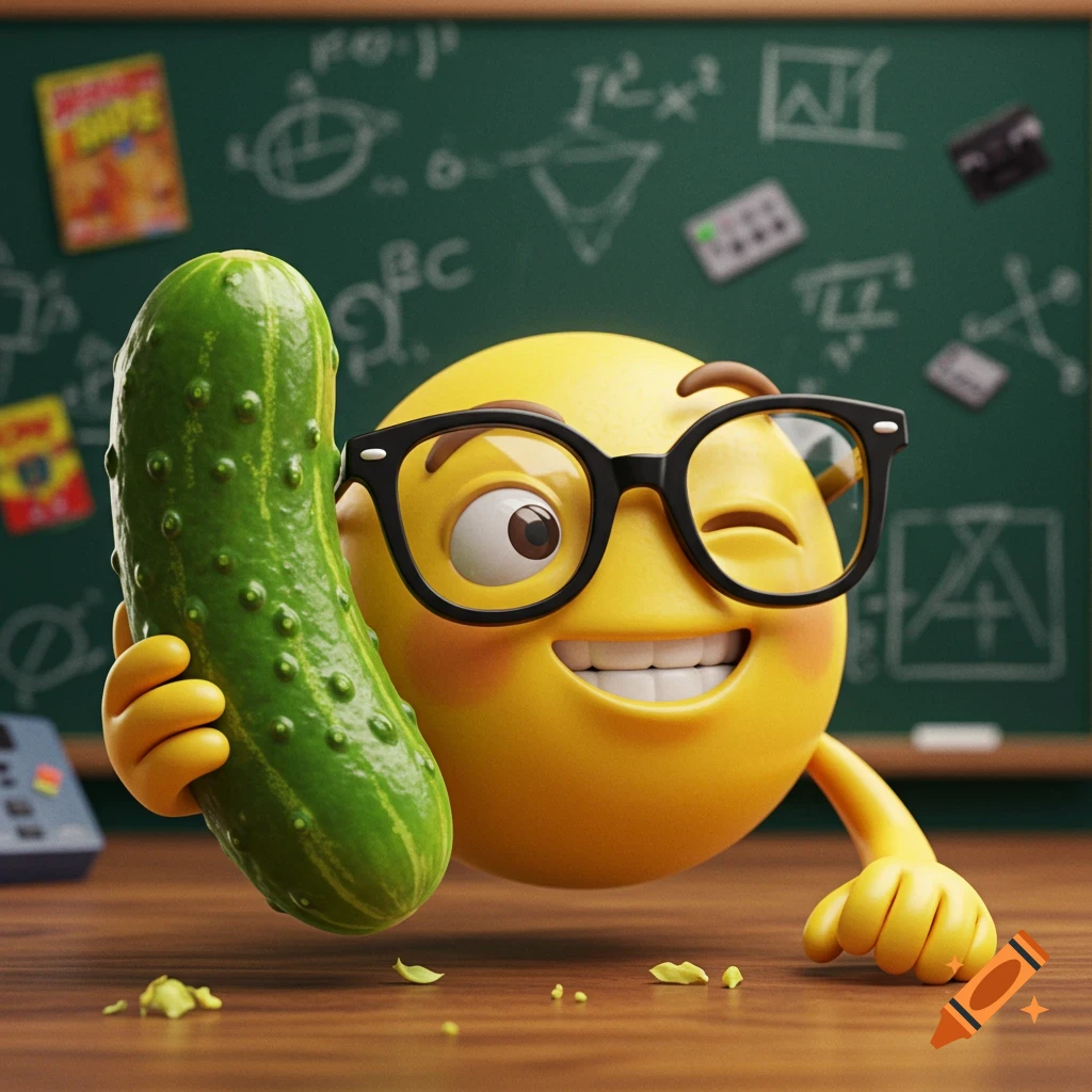 A winking nerd emoji wearing glasses holds a pickle in a classroom with a chalkboard.