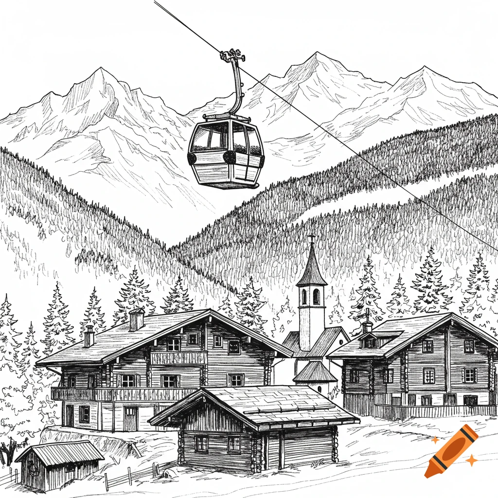 Black and white hand-drawn sketch of an alpine village with chalets, a church, and a gondola passing over mountains and pine trees.