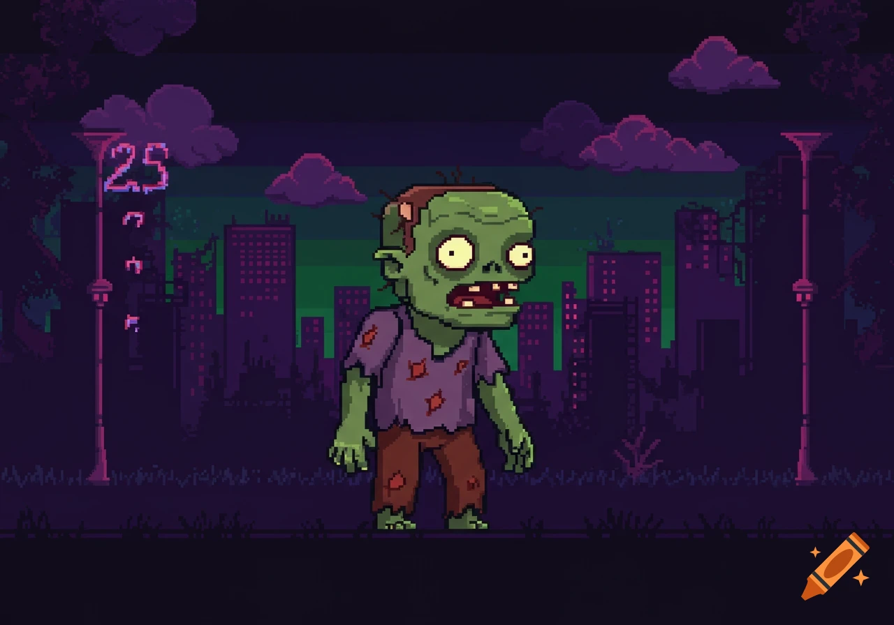 A green pixel art zombie with torn clothes stands on a dark street with a purple city skyline in the background.