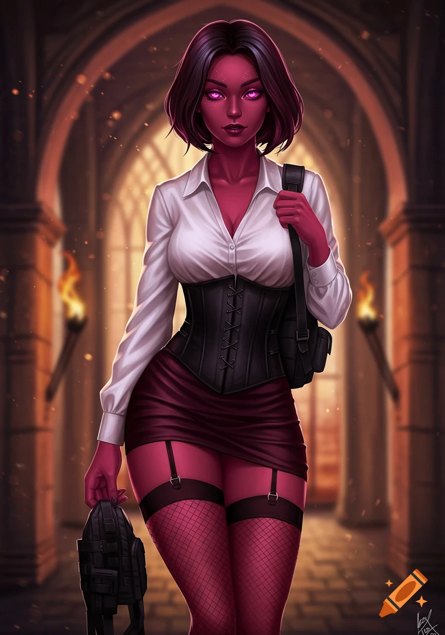 A dark red-pink skinned elf woman with pink eyes and dark bobbed hair, wearing a white blouse, black corset, mini skirt, and fishnet stockings, stands in a torchlit archway.