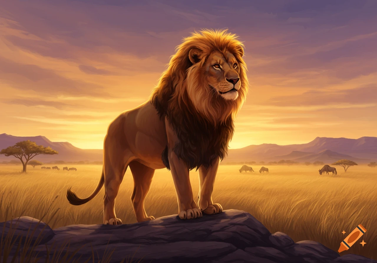 A majestic lion with a golden mane stands on a rock in a savanna at sunset, with other animals and mountains in the background, digital art.
