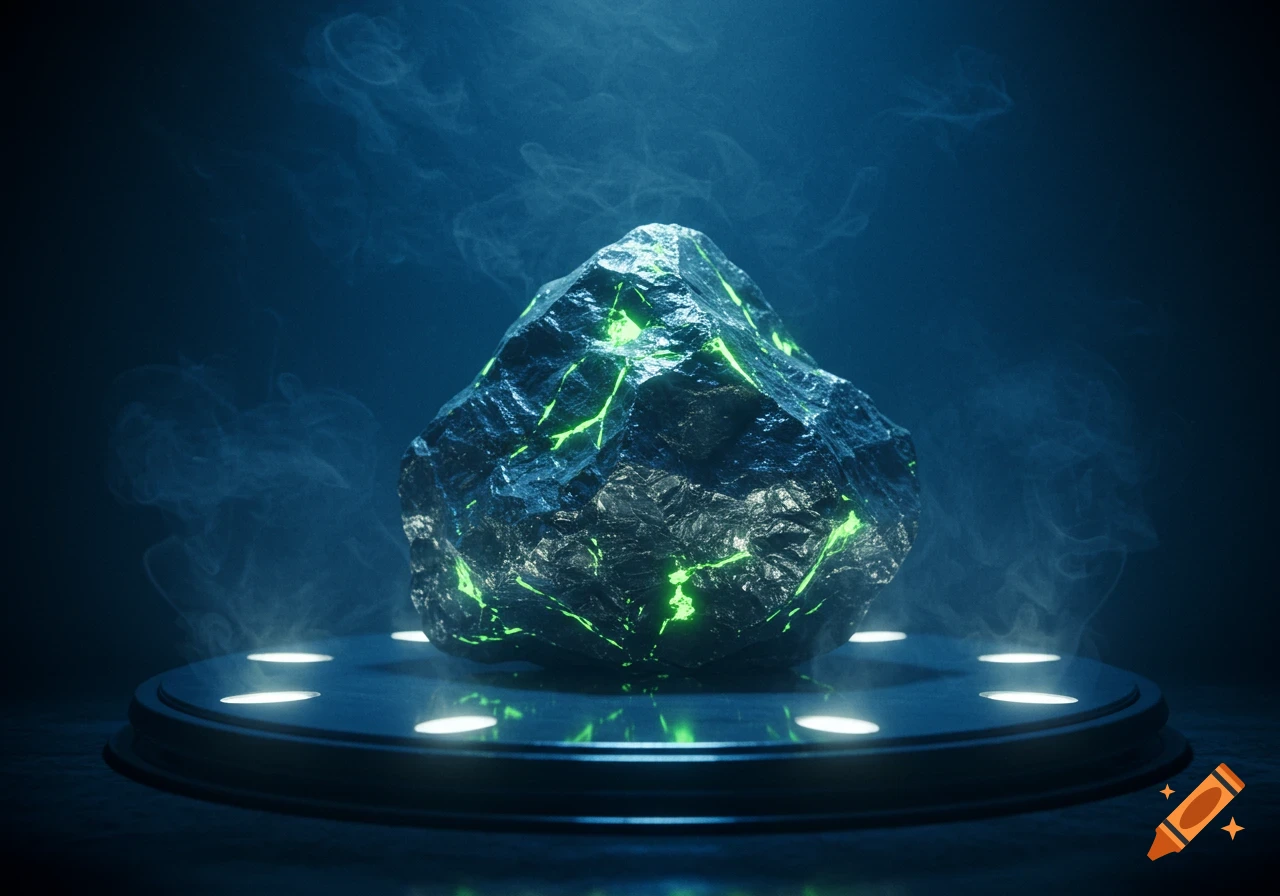A dark, jagged rock with glowing green cracks rests on a futuristic metal pedestal in a smoky blue environment.