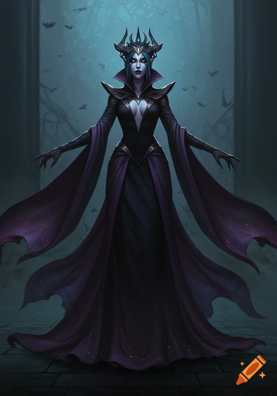 Dark fantasy queen with a horned crown, glowing eyes, and flowing gothic dress in a mystical, bat-filled forest.