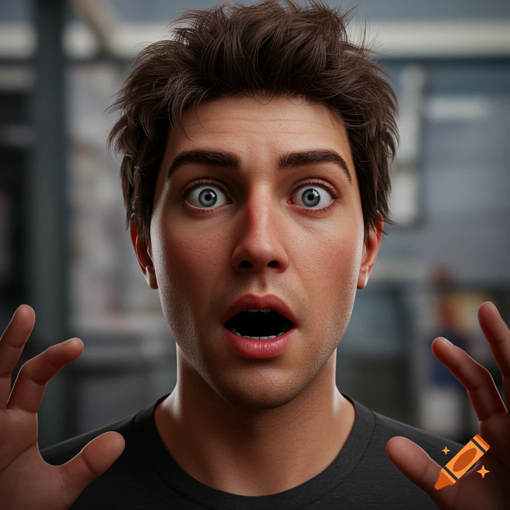 Realistic close-up portrait of a surprised young man with wide eyes and open mouth, hands raised.