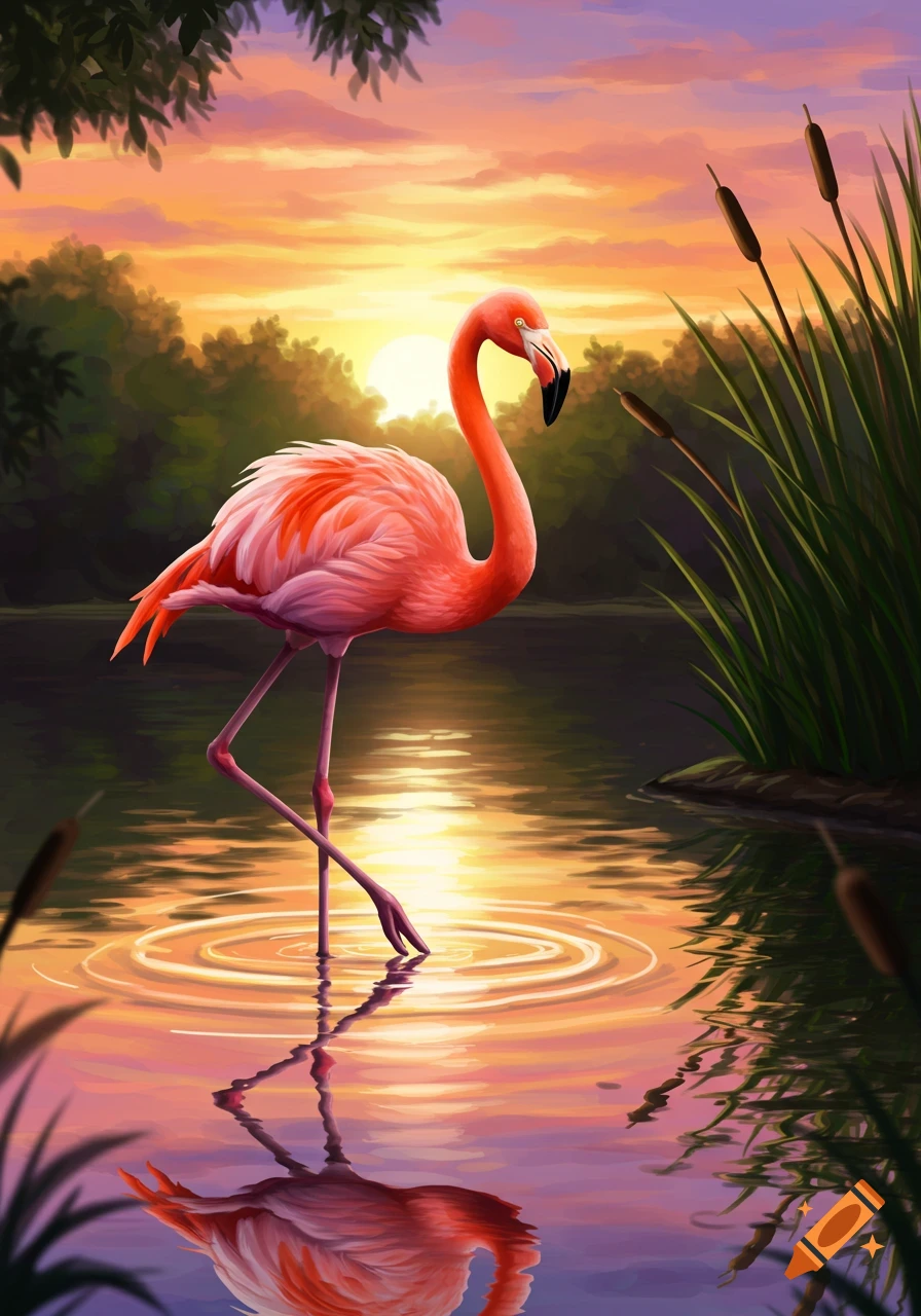 Vibrant illustration of a pink flamingo standing in water with its reflection, surrounded by reeds at sunset.