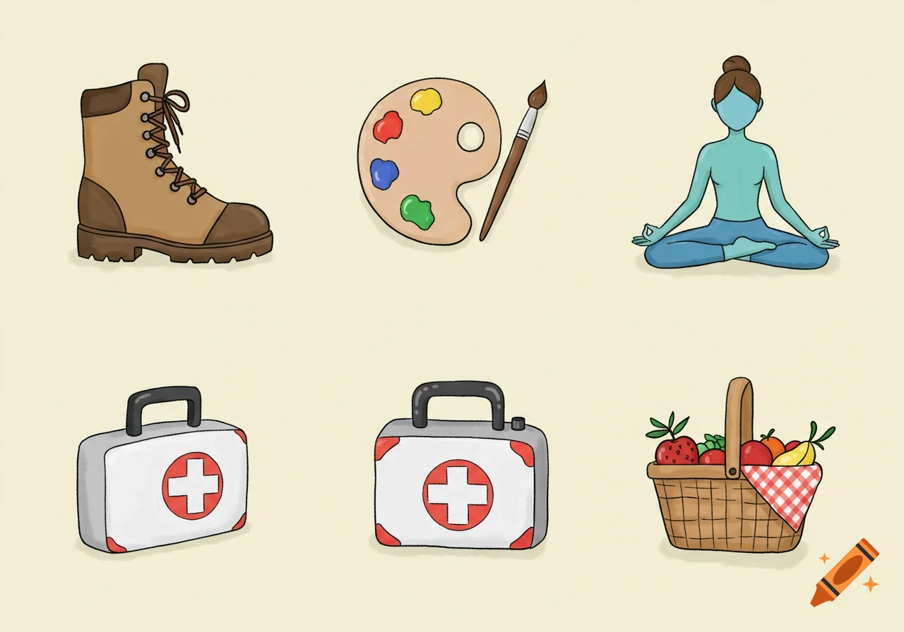 Six illustrative icons: a walking boot, an artist's palette, a person in a yoga pose, two first aid boxes, and a picnic basket.
