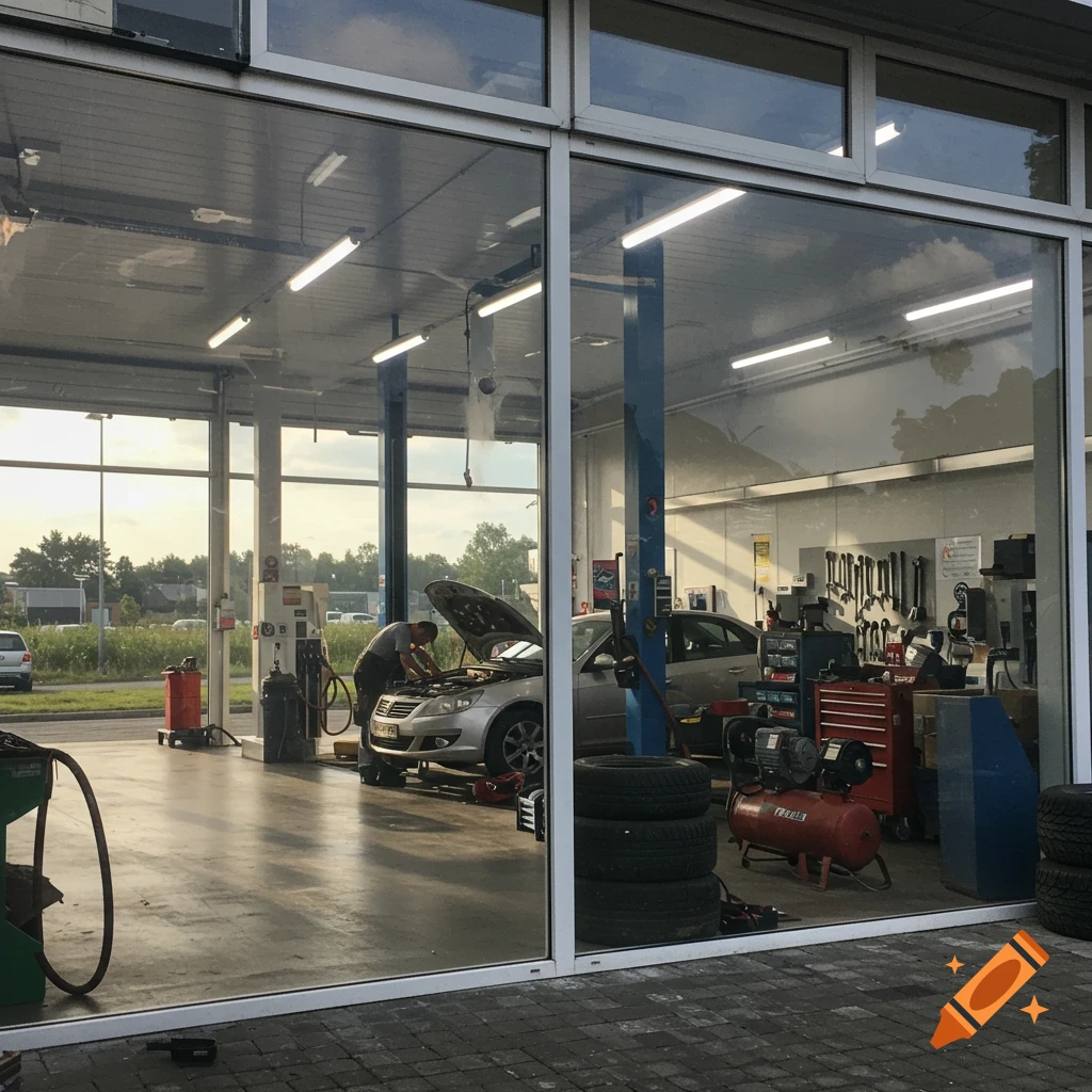 Photorealistic view of a car repair bay with a mechanic working on a silver car, seen from outside through a large window.
