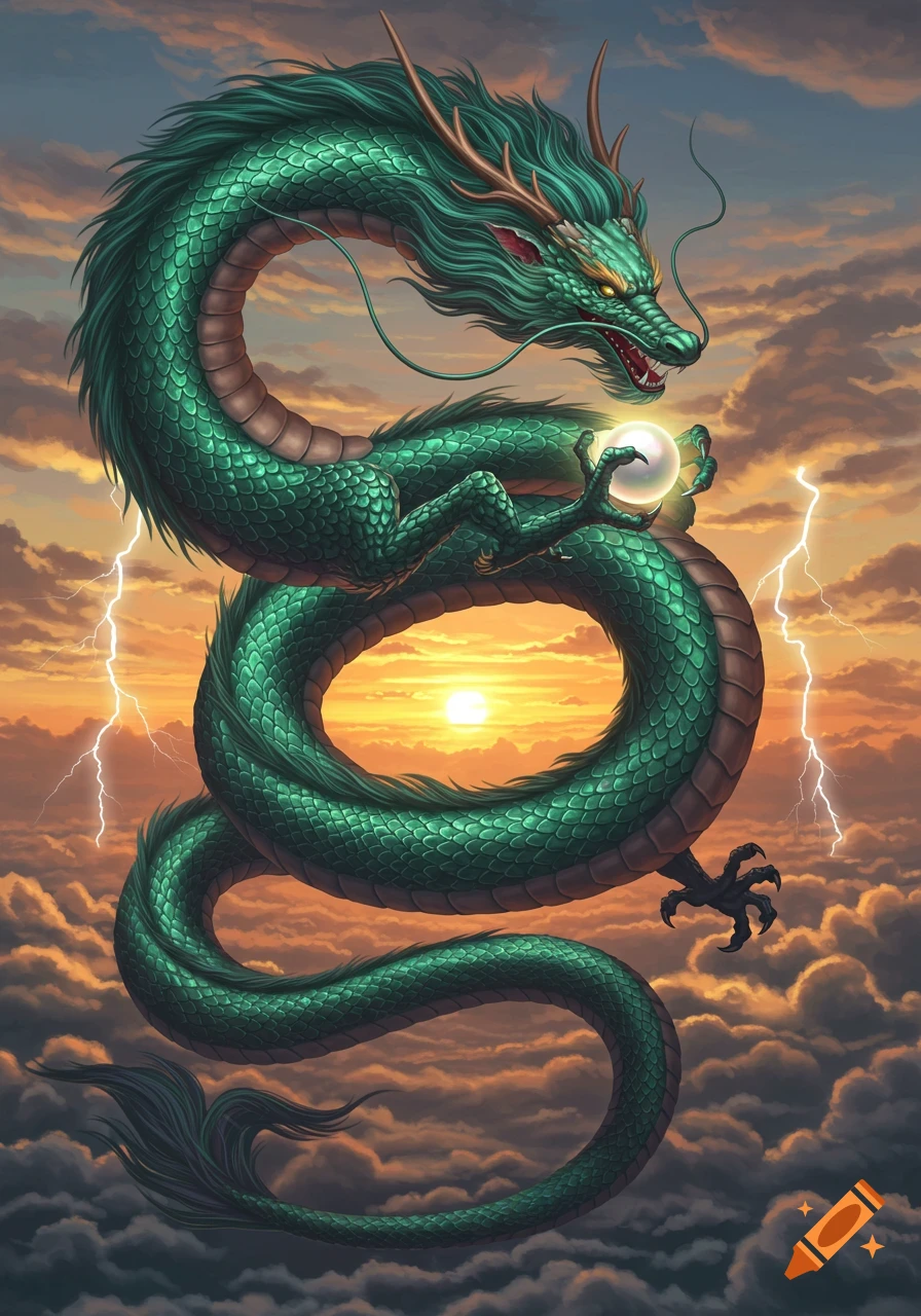 A majestic green Asian dragon with golden horns holds a glowing pearl, soaring through a dramatic sunset sky with lightning.