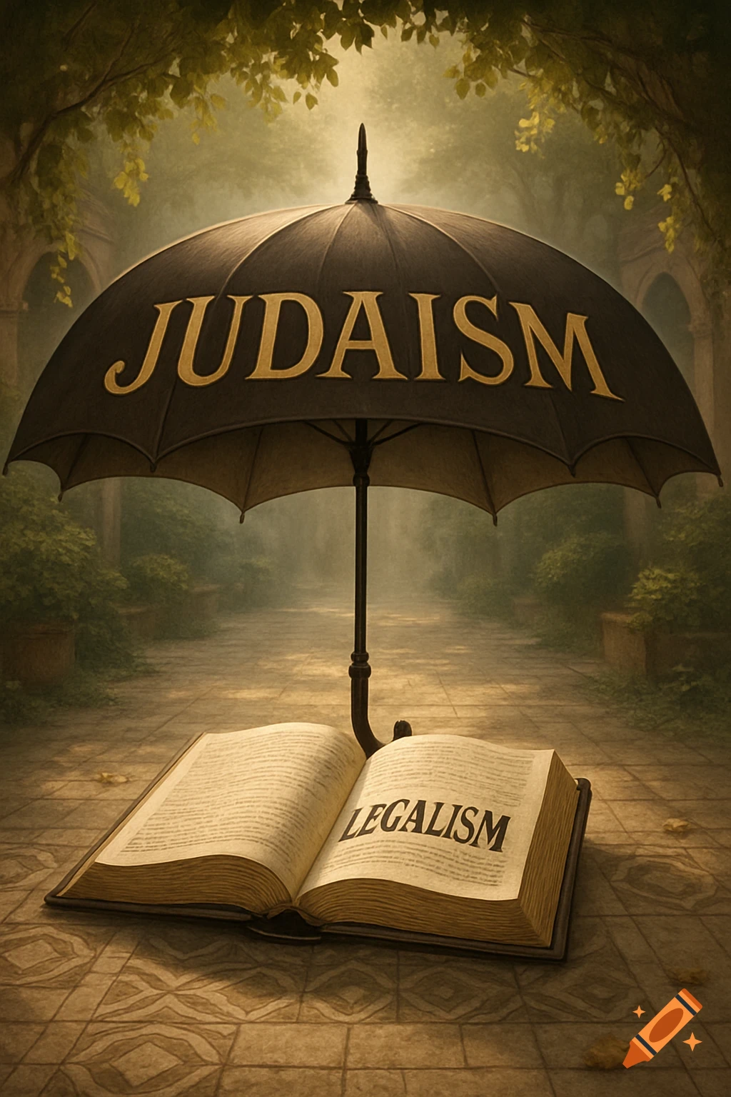 An umbrella labeled 'JUDAISM' covers an open book with 'LEGALISM' on a tiled path in a serene, green garden.