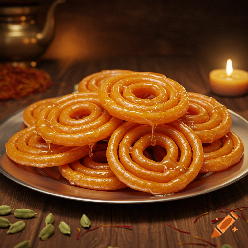 A plate of golden, syrup-drenched Jalebi, an Indian sweet, on a wooden table with cardamom and a lit candle. Photorealistic.