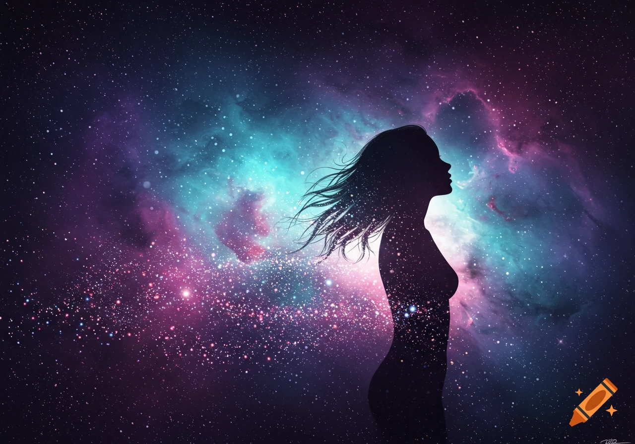 Artistic silhouette of a woman with flowing hair against a vibrant purple and teal galaxy filled with stars.