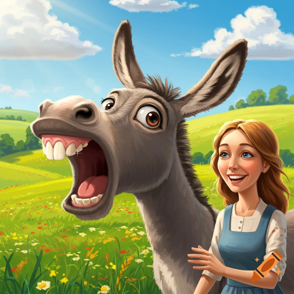 A humorous cartoon donkey with big eyes and exaggerated teeth laughs loudly next to a smiling woman in a bright, green countryside field.
