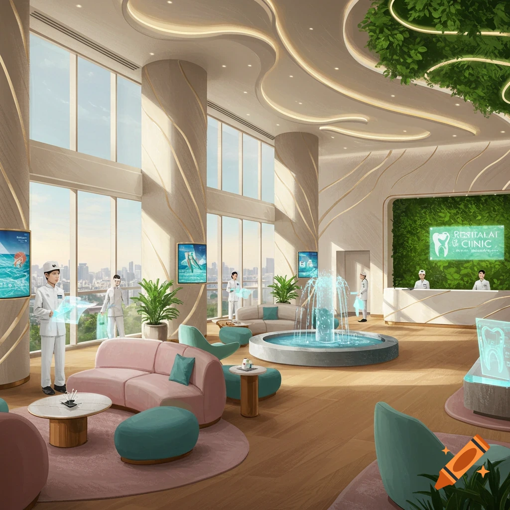 A luxurious, modern dental clinic lobby with a reception desk, a central fountain, pink and teal seating areas, and large windows overlooking a city skyline. Staff in white uniforms are present.