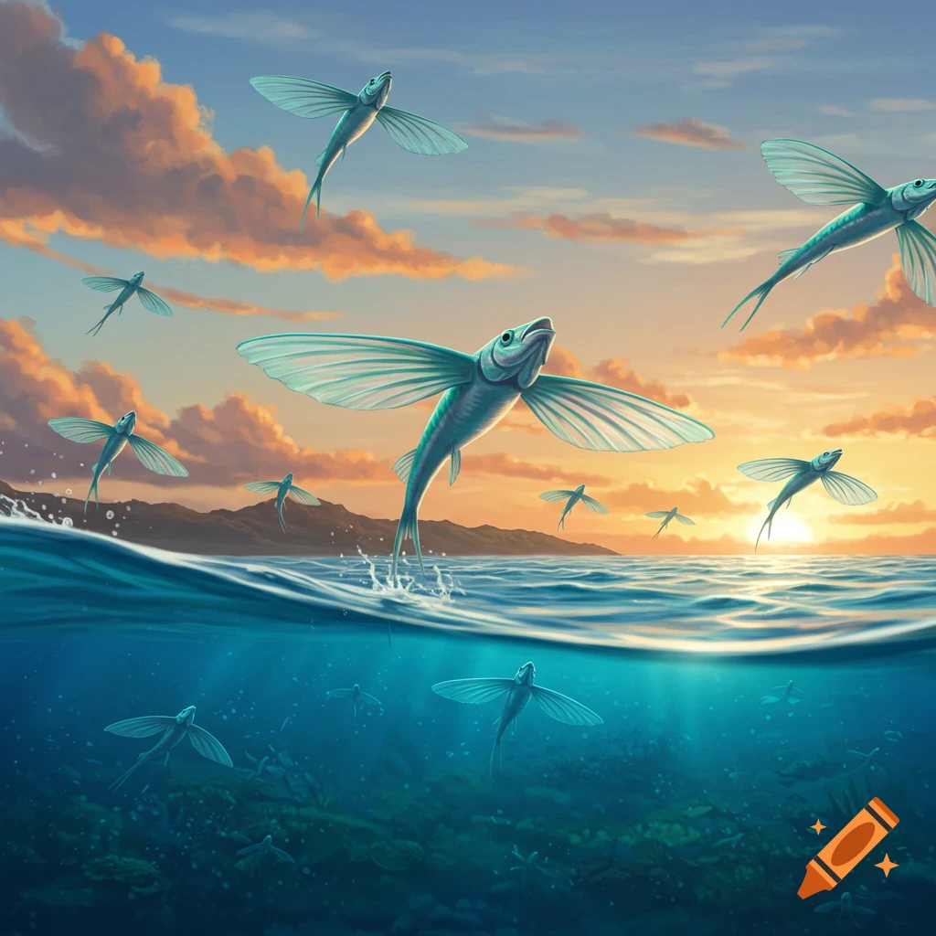 Flying fish leap from and swim under the ocean at sunset, with warm clouds.
