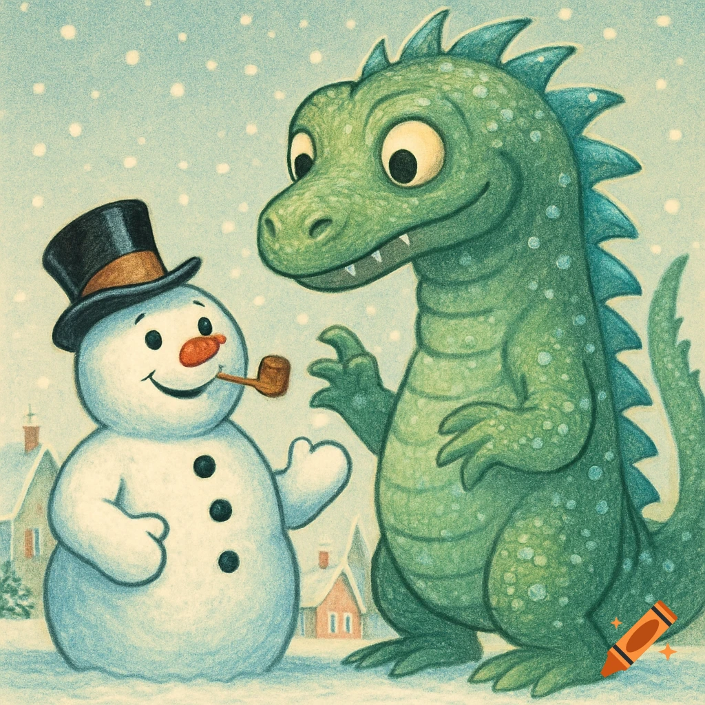 A friendly snowman in a top hat with a pipe stands with a large green cartoon dragon in a snowy village, in a children's book illustration style.
