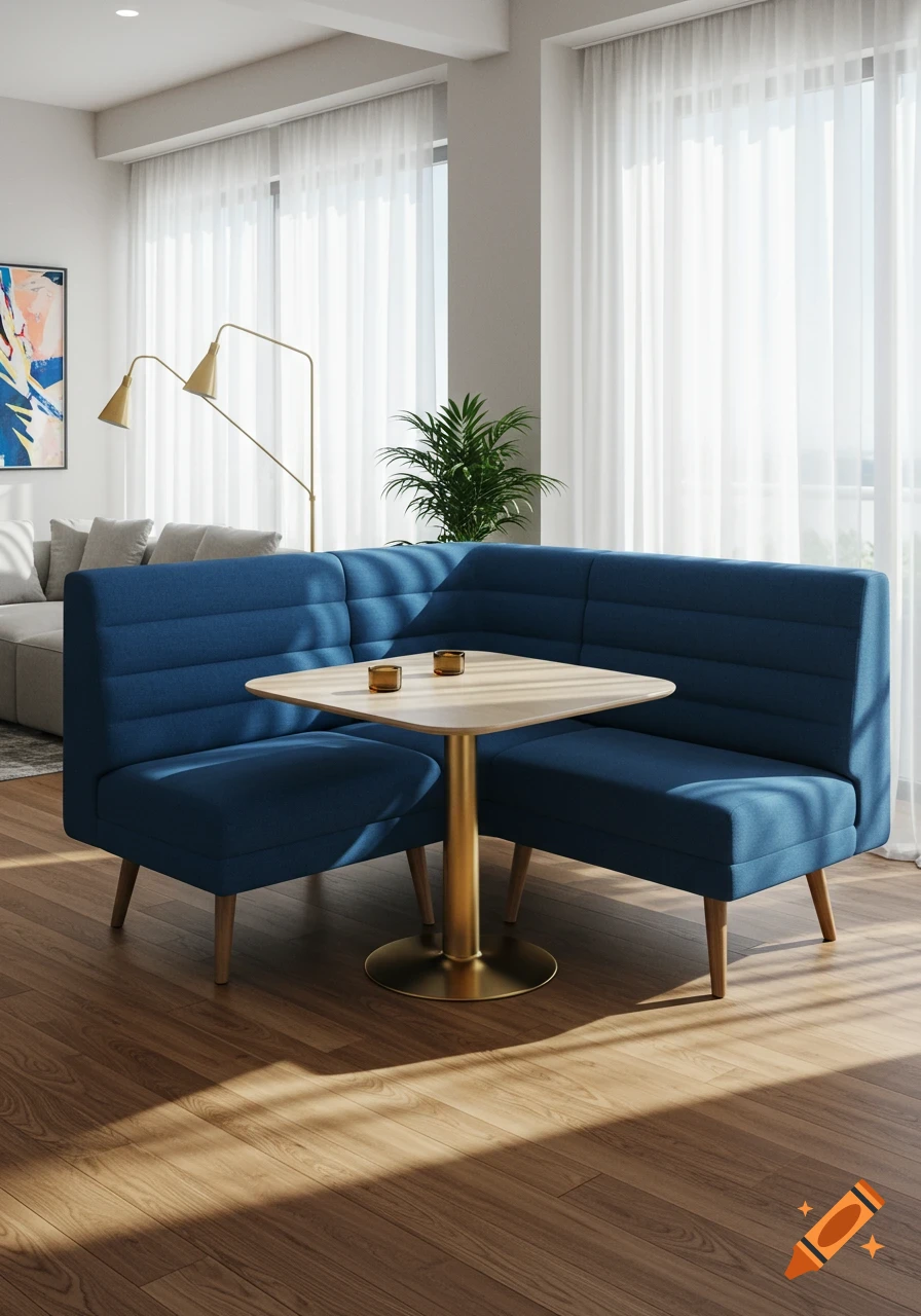 Photorealistic image of a modern living space with a blue corner banquette, a square table, and a sofa.