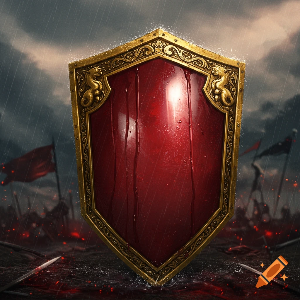 A stylized blood red shield with an ornate gold frame stands on a rainy battlefield, with blurry figures and flags in the background.