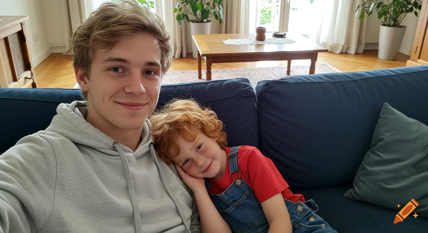 A smiling young man in a grey hoodie taking a selfie with a ginger-haired boy resting his head on his shoulder on a blue couch.