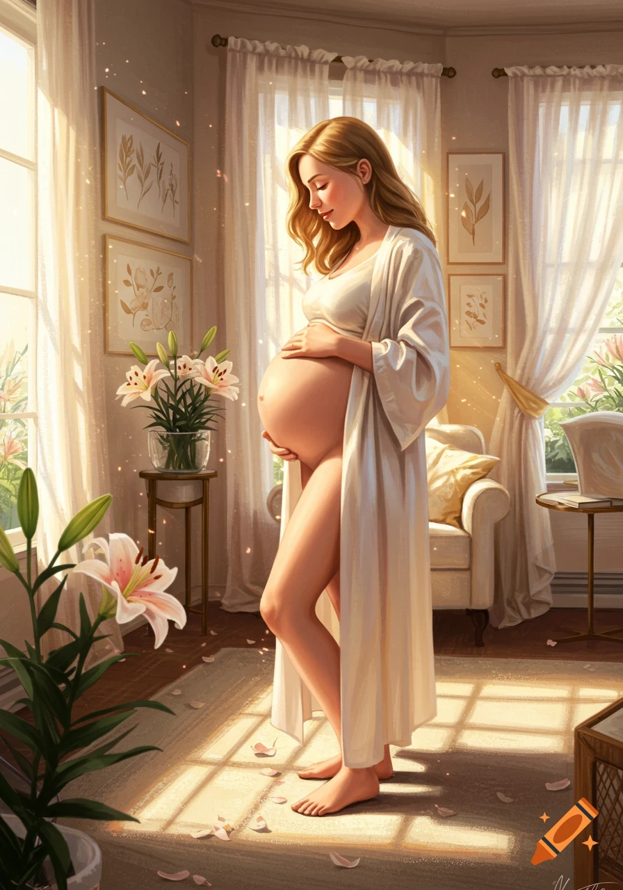 A radiant pregnant woman with a bare belly, wearing a white robe, stands in a sunlit room filled with lilies, holding her stomach.