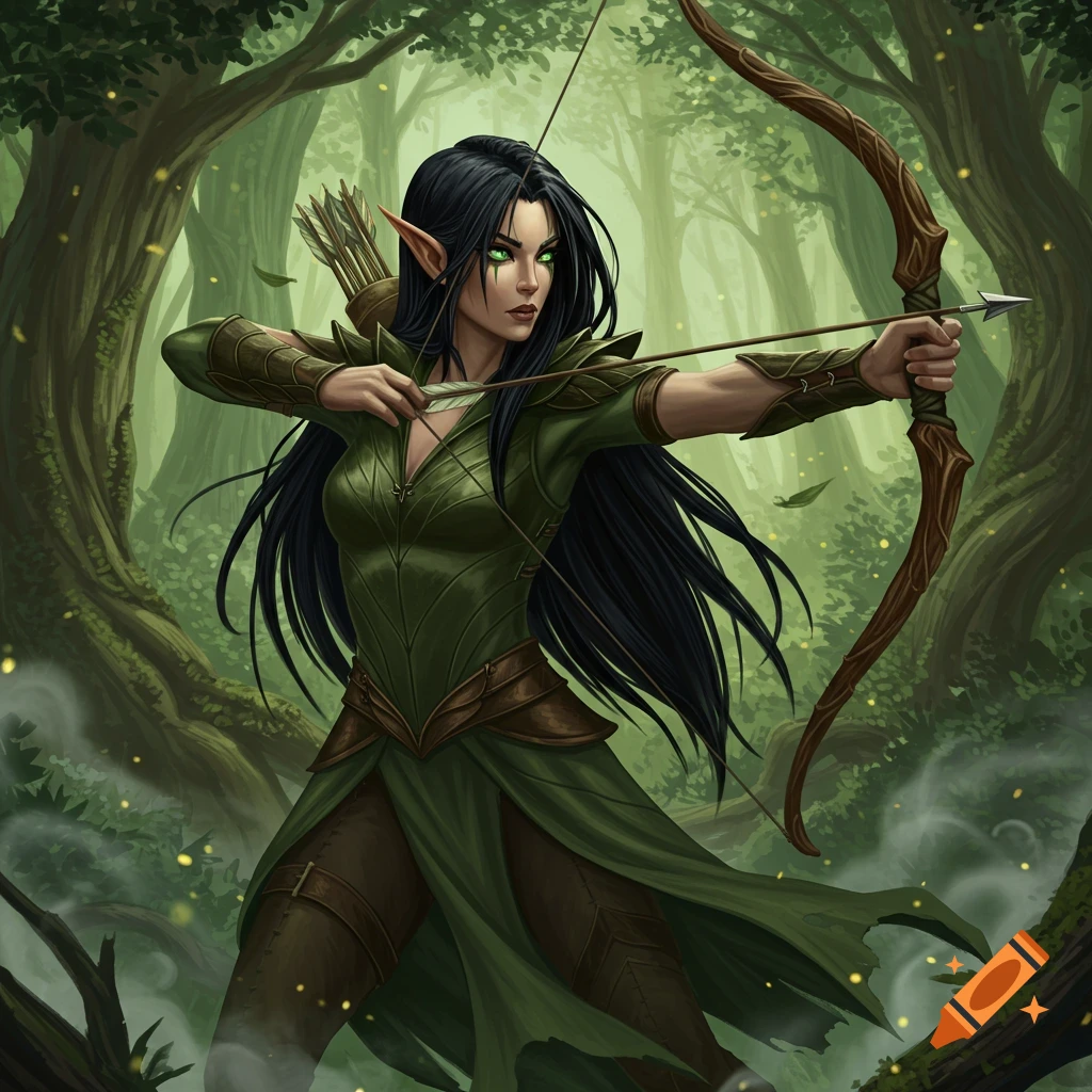 A black-haired female wood elf in green attire aims a bow and arrow in a vibrant, mystical forest. Digital painting style.