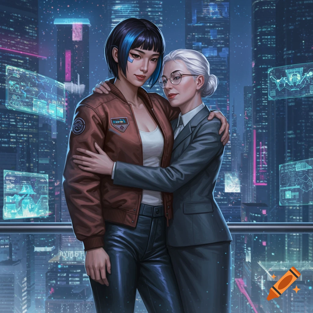 Two women cuddle in a futuristic city at night, one in a flight jacket and the other in a suit, rendered in digital art.