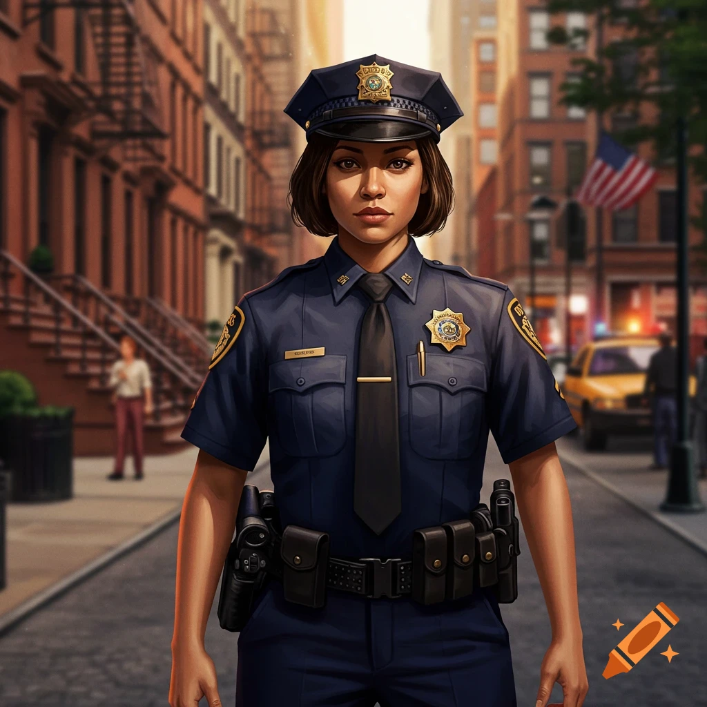 A female police officer in a dark blue uniform stands on a city street with buildings and a taxi in the background.