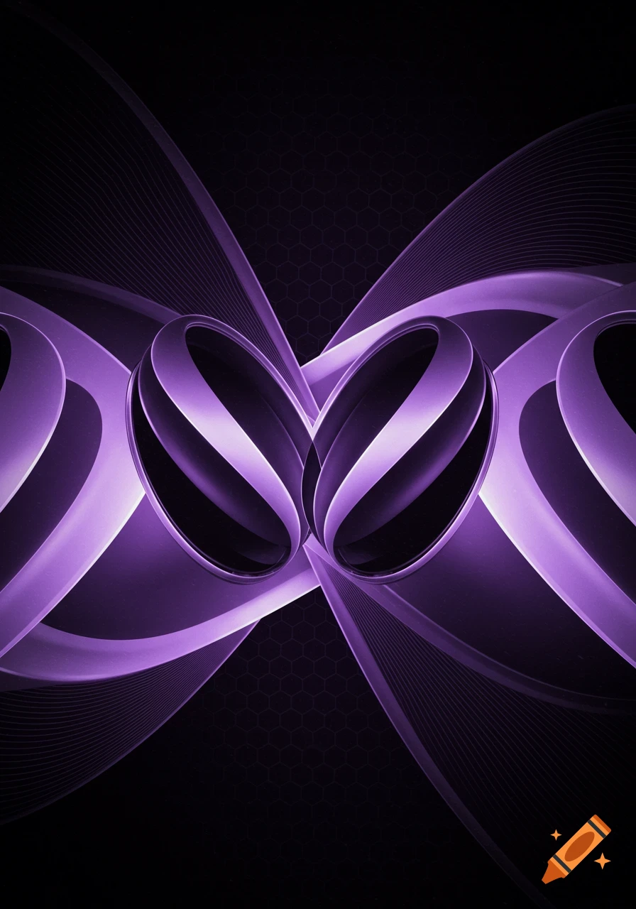 Abstract composition with glowing purple and silver flowing lines, geometric shapes, and a dark hexagonal background.