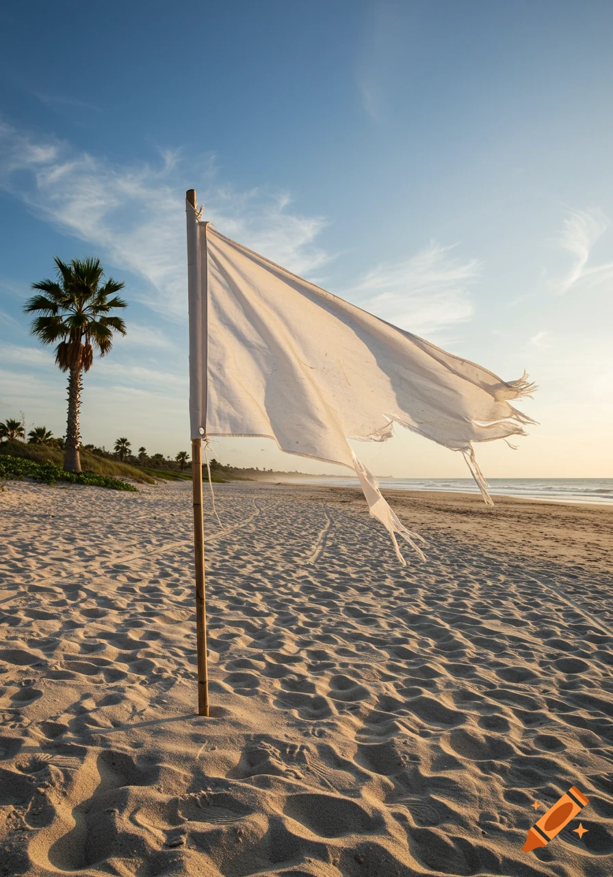 A torn white flag on a bamboo pole stands on a sandy beach at sunset, with a palm tree and ocean in the distance. Landscape photograph.