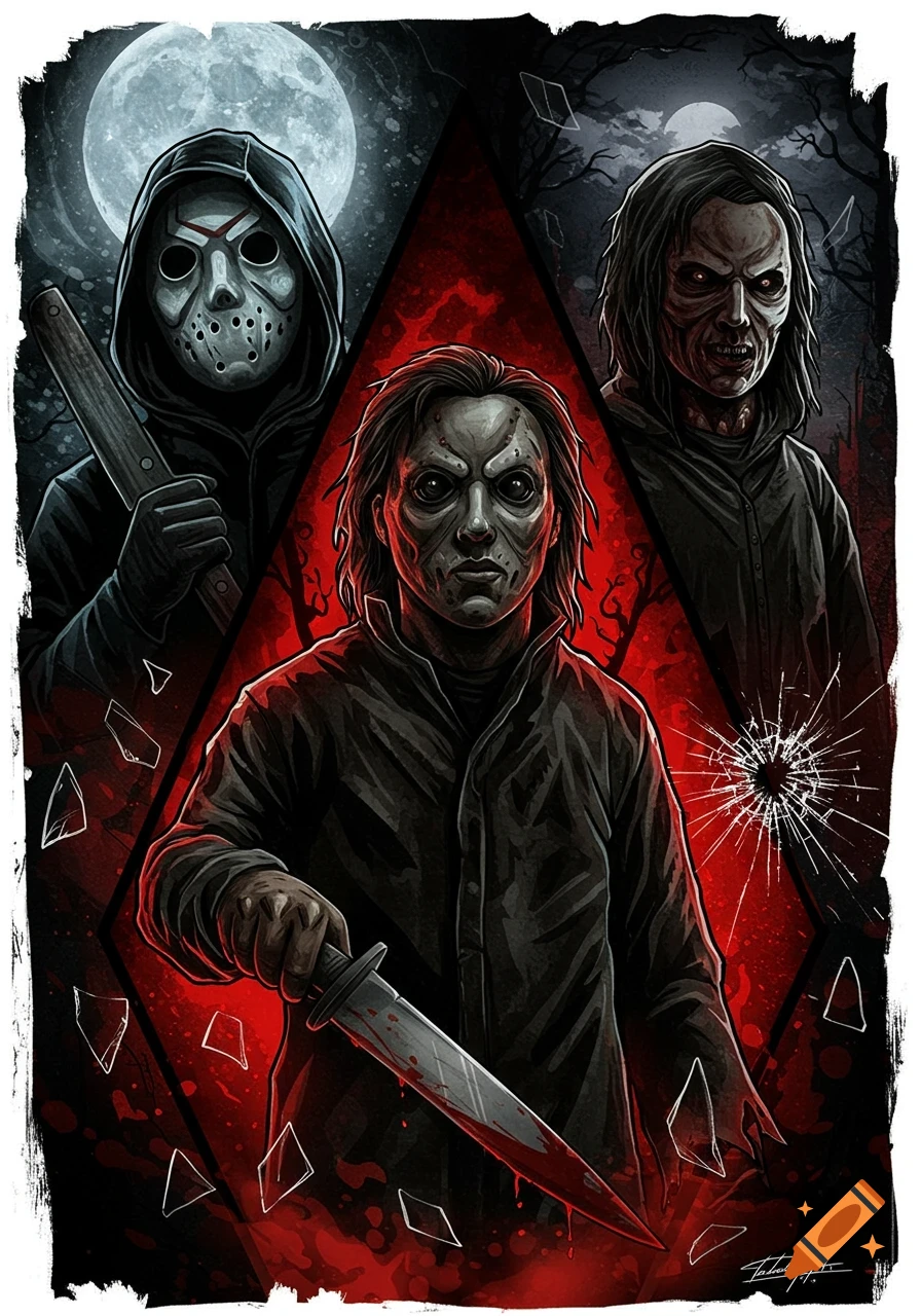 Stylized illustration of three horror characters, including a masked figure with a hockey mask and one with a bloody knife, against a dark, blood-red backdrop with a full moon.